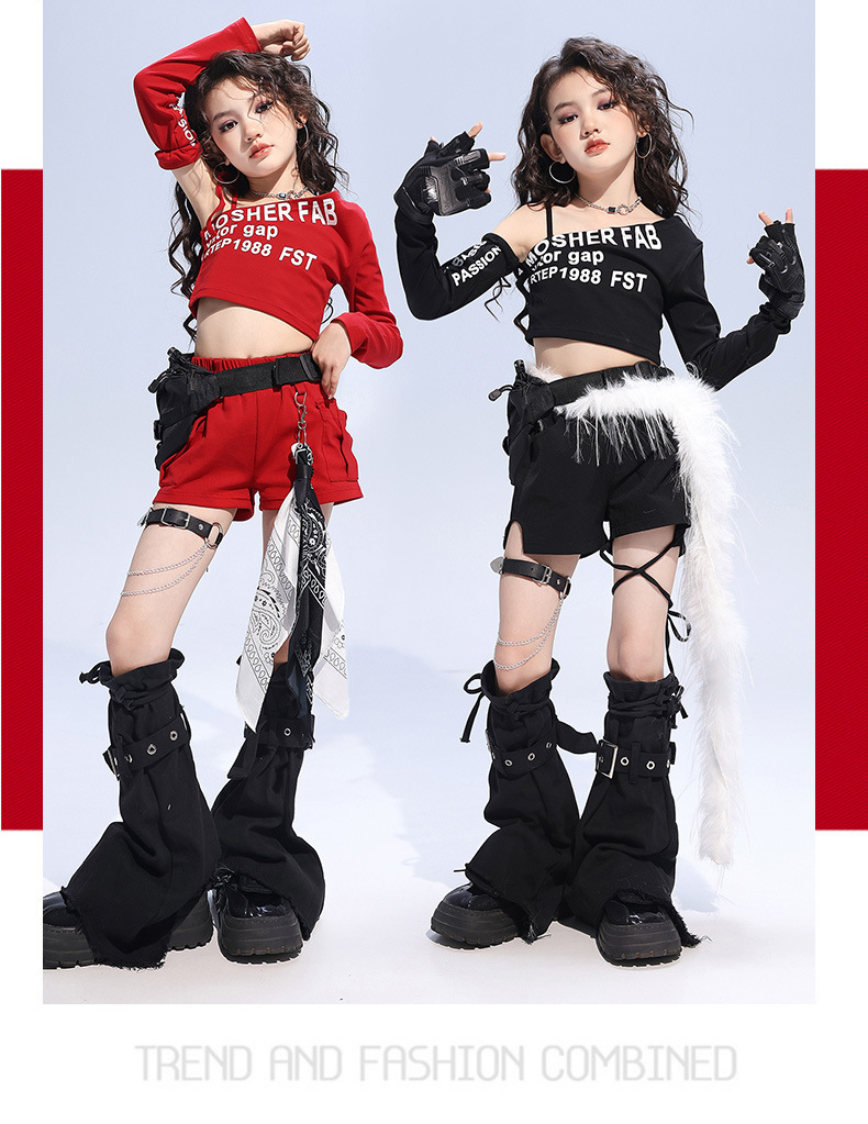 ชุดเต้น เซ็ตเสื้อปาดไหล่ พร้อมปลอกแขน โทนลายสก๊อต ดำแดง