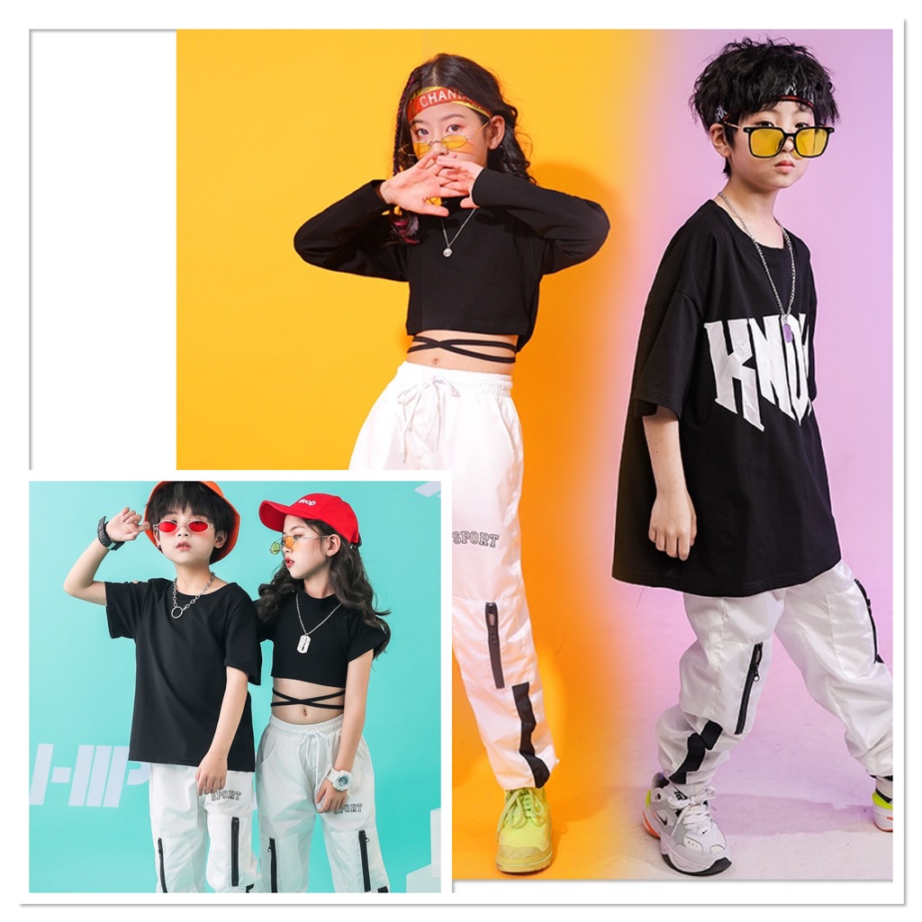 ชุดเต้น ชุดแดนซ์ เสื้อเอวลอยสีดำ+กางเกงขายาวสีขาว