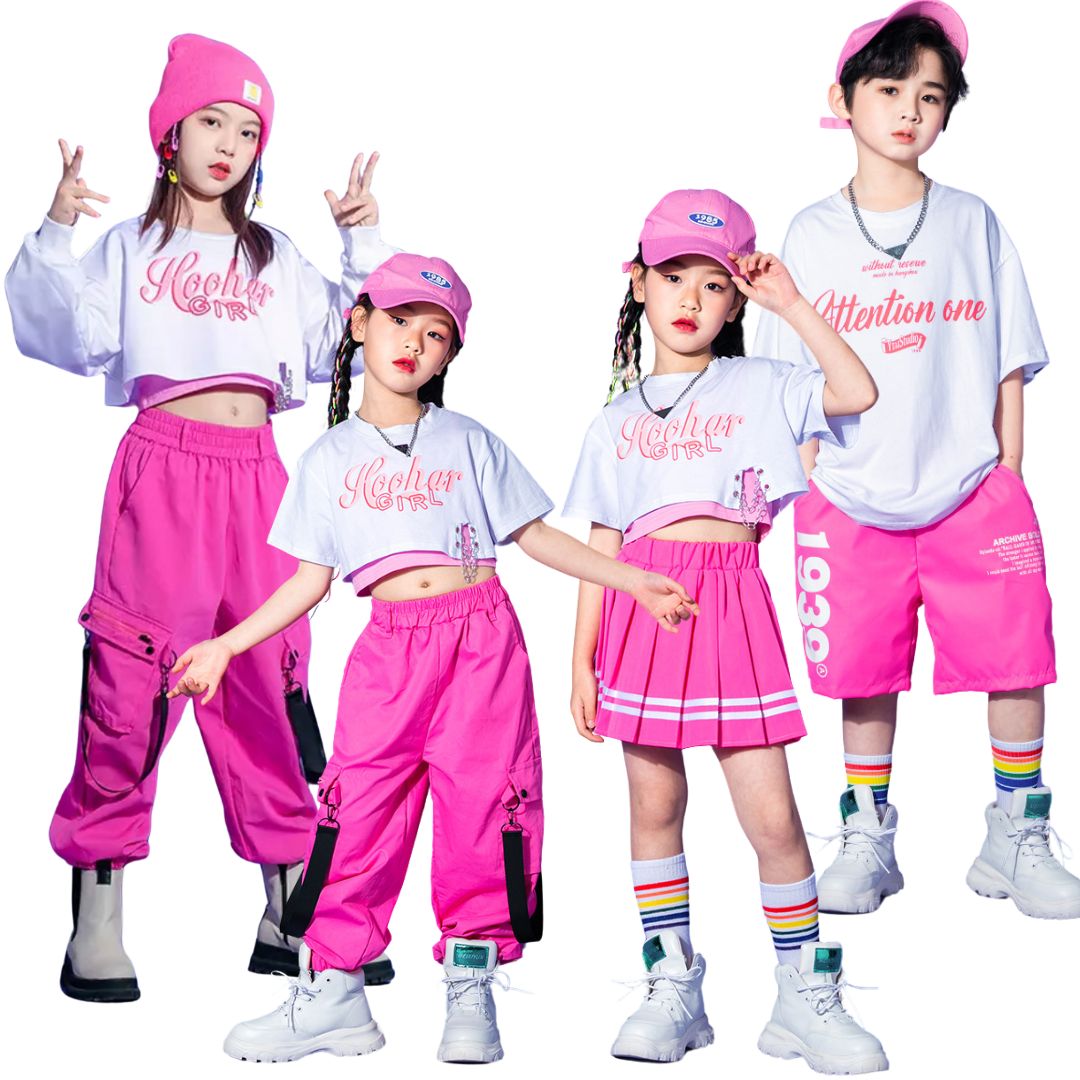 พร้อมส่ง ชุดเต้น ชุดแดนซ์ เสื้อสีขาว+กางเกงขายาว/กระโปรง สีชมพู