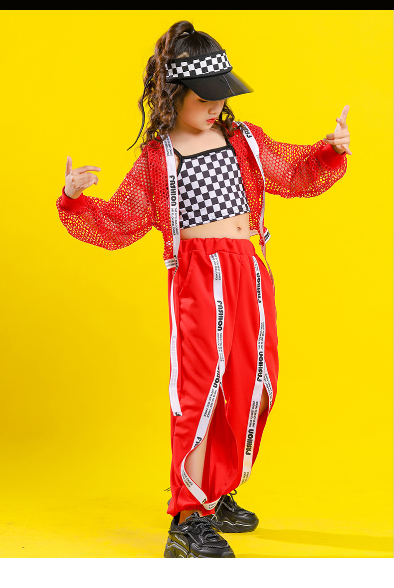 ชุดStreet Dance HIPHOP เสื้อตาข่ายแดง+เสื้อลำลอง+กางเกง