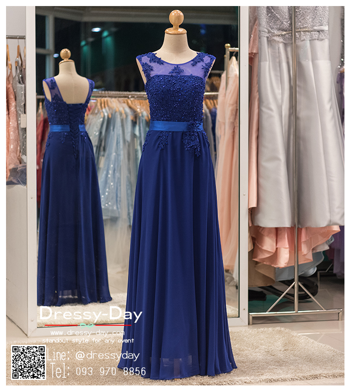รหัส ชุดราตรี : BB002 ชุดราตรียาวผ้าชีฟองหรู เดรสออกงานประดับลูกไม้และกริตเตอร์ ชุดไปงานแต่งซีทรูช่วงหน้าอก ชุดแซก ชุดเพื่อนเจ้าสาว สีน้ำเงิน