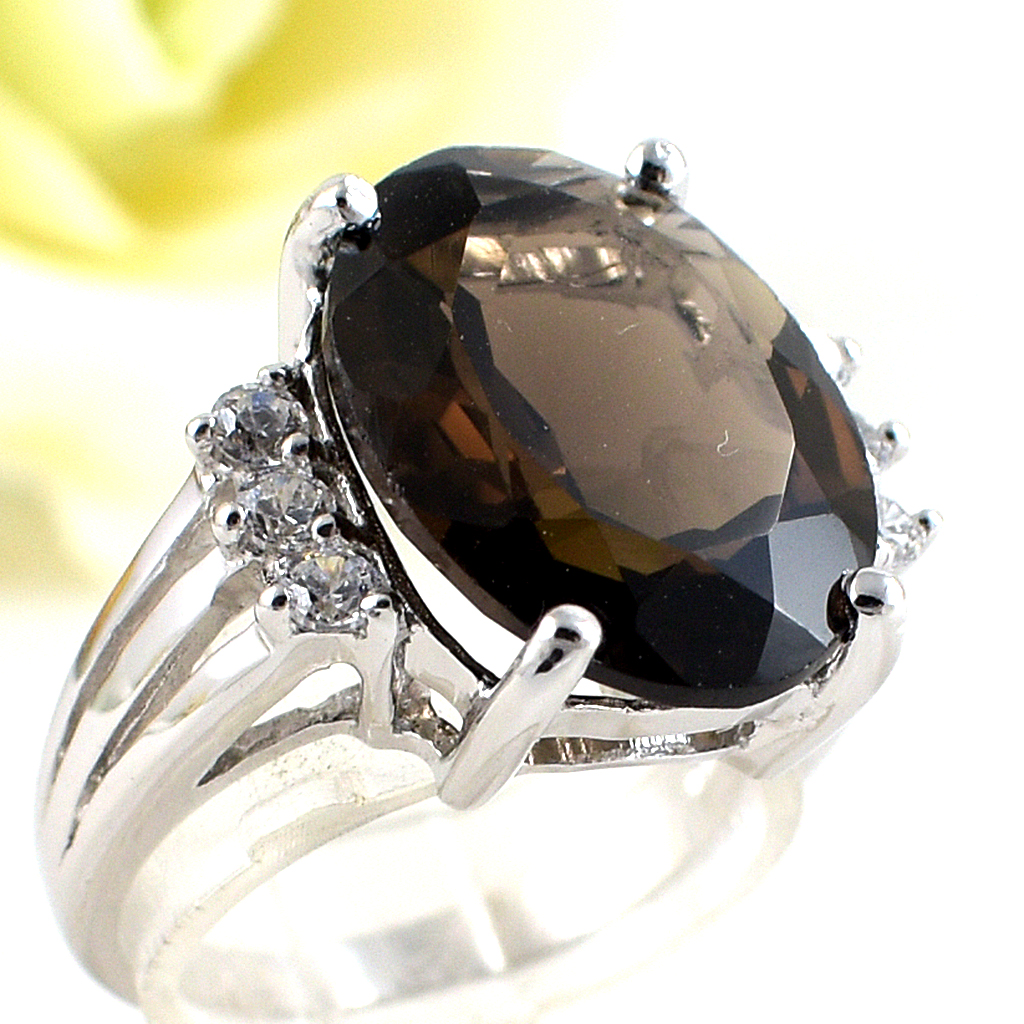 แหวนเงินแท้ราคาถูกชุบทองคำขาว พลอยแท้สโมกกี้ควอทซ์ 8.65 กะรัต เพชรCZ 0.18 กะรัต งานประณีตสวยงาม สั่งผลิตค่ะ