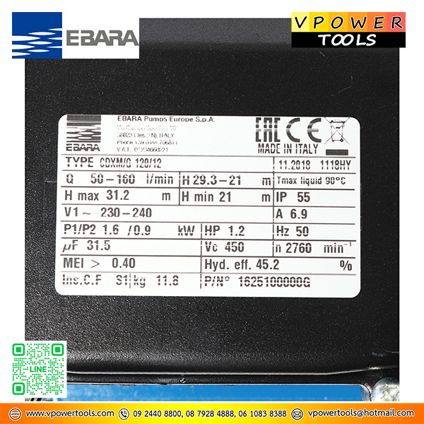 EBARA เอบาร่า รุ่น CDXM-120/12 ปั๊มน้ำหอยโข่งผลิตจากสแตนเลส แบบ ใบพัดเดี่ยว