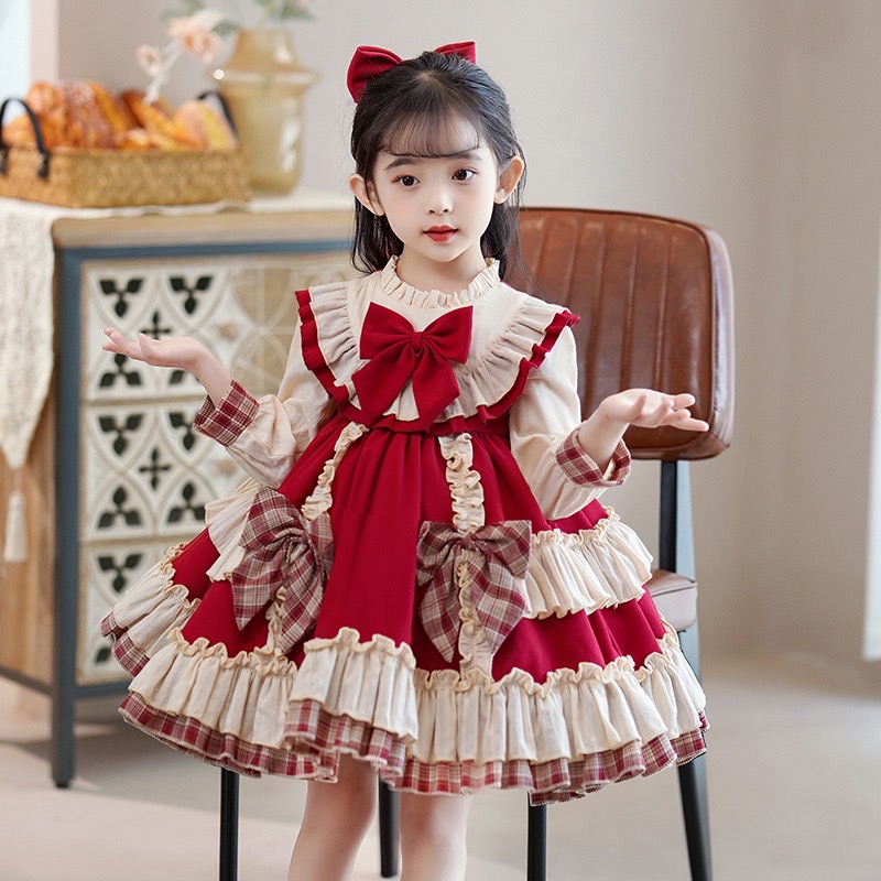 friendly4kid พร้อมส่ง ชุดคริสมาสต์ เดรสแขนยาวกระโปรงระบายแต่งติดโบว์