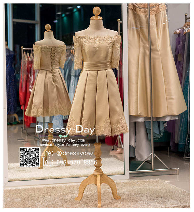 รหัส ชุดราตรีสั้น :PF001-3 ชุดไปงานแต่งประดับลูกไม้ ชุดแซก ชุดราตรีสั้นทอง ผ้าซาตินประดับลูกไม้เรียบๆ โชว์ไหล่ สวยหรูและดูดี