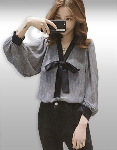 เสื้อแฟชั่นทำงานแต่งลายผูกโบว์สวย รหัส2056