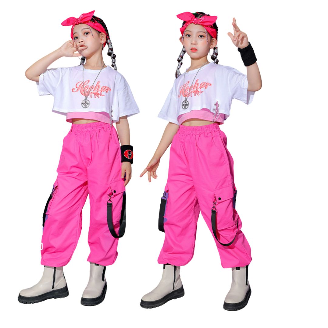 พร้อมส่ง ชุดเต้น ชุดแดนซ์ เสื้อสีขาว+กางเกงขายาว/กระโปรง สีชมพู