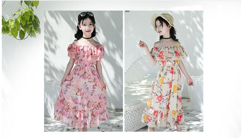 ชุดเด็ก : ชุดเดรส ลายดอก เปิดไหล่