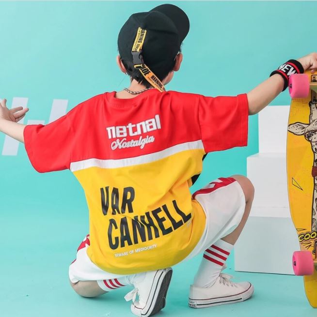 ชุดเต้น แดนซ์ชาย เสื้อแขนสั้น สีแดง+กางเกงขาสั้นขาว