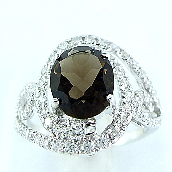 แหวนเงินแท้ราคาถูกชุบทองคำขาว พลอยแท้สโมกกี้ควอทซ์ 3.15 กะรัต เพชรCZ 0.74 กะรัต งานประณีตสวยงาม สั่งผลิตค่ะ