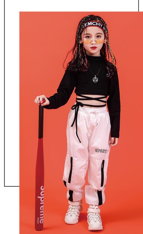 ชุดเต้น ชุดแดนซ์ เสื้อเอวลอยสีดำ+กางเกงขายาวสีขาว