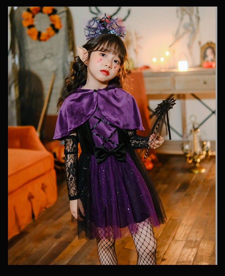 พร้อมส่ง ชุดฮาโลวีน เดรสแม่มด สีม่วง+ผ้าคลุม+หมวก ปลอกแขน