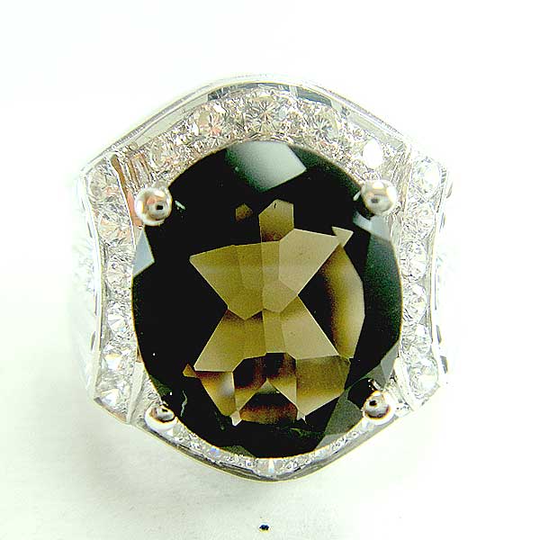 แหวนเงินแท้ราคาถูกชุบทองคำขาว พลอยแท้สโมกกี้ควอทซ์ 4.80 กะรัต เพชรCZ 0.67 กะรัต งานประณีตสวยงาม สั่งผลิตค่ะ