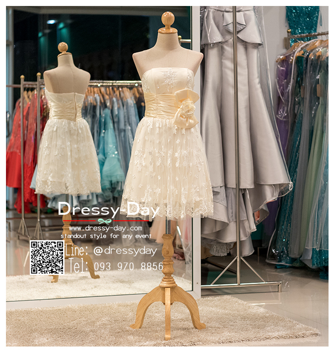 รหัส ชุดราตรี : CH032 ชุดไปงานแต่งสีครีมเกาะอก ชุดราตรีสั้นหรูประดับช่วงเอว ชุดเจ้าสาว ชุดไปงานแต่งกลางวัน ชุดพรีเว็ดดี้งสวยเริ่ด