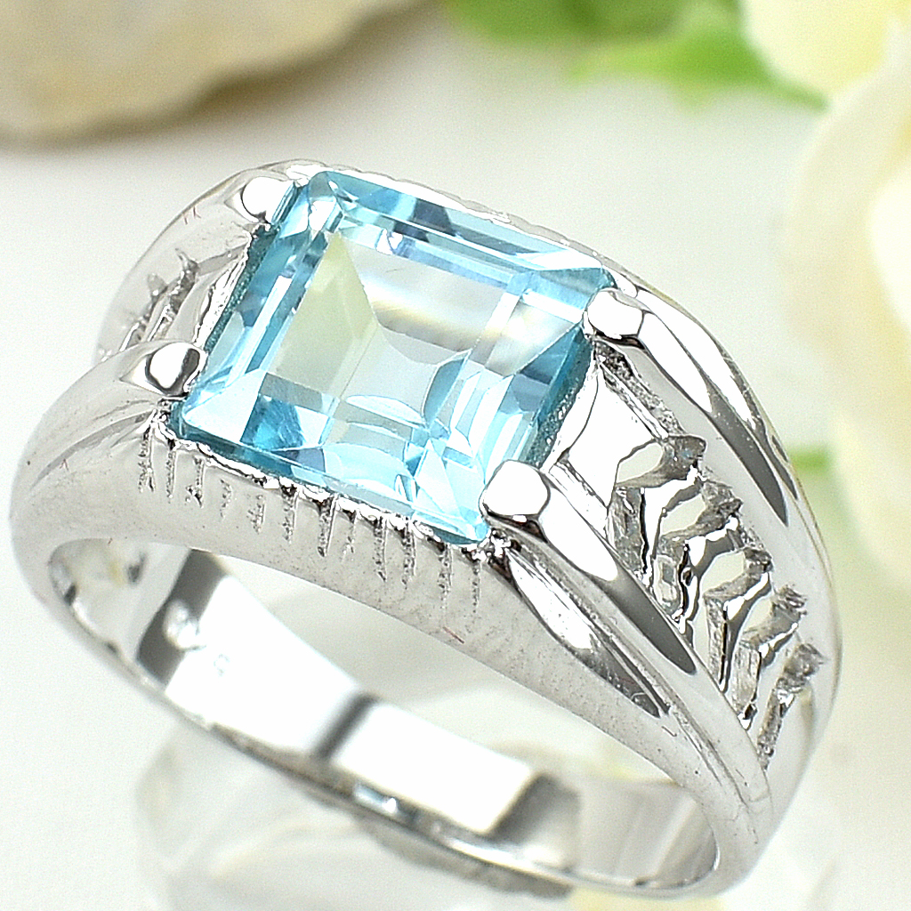 แหวนเงินแท้ราคาถูกชุบทองคำขาว สกายบลูโทปาซแท้ 3.65 กะรัต งานประณีตสวยงาม สั่งผลิตค่ะ