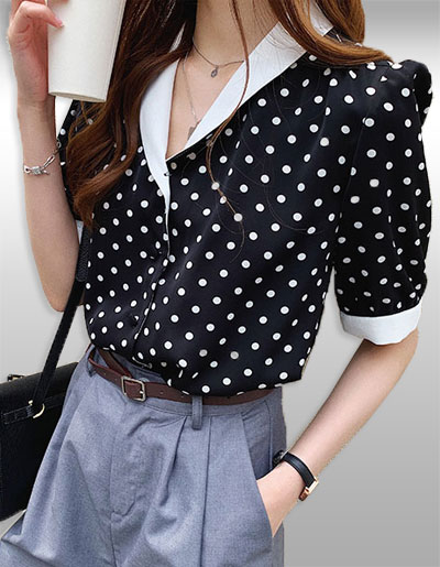 เสื้อเชิ๊ตแฟชั่นสีดำลายจุดแบบสวยน่ารักสไตล์เกาหลี รหัส2299