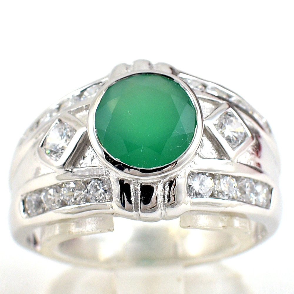 แหวนเงินแท้ราคาถูกชุบทองคำขาว พลอยแท้กรีนอะเกท 1.94 กะรัต เพชรCZ 0.437 กะรัต งานประณีตสวยงาม สั่งผลิตค่ะ