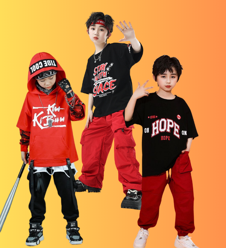 ชุดเต้น ชุดฮิปฮอป เสื้อสีแดง+กางเกงวอร์มสีขาว/ดำ อักษรจีน+ที่คาดหัว