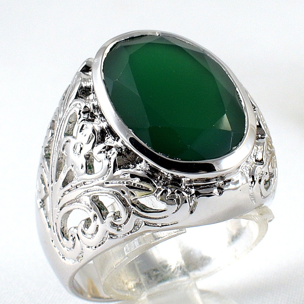 แหวนเงินแท้ราคาถูกชุบทองคำขาว พลอยแท้กรีนอะเกท 13.25 กะรัต งานประณีตสวยงาม สั่งผลิตค่ะ