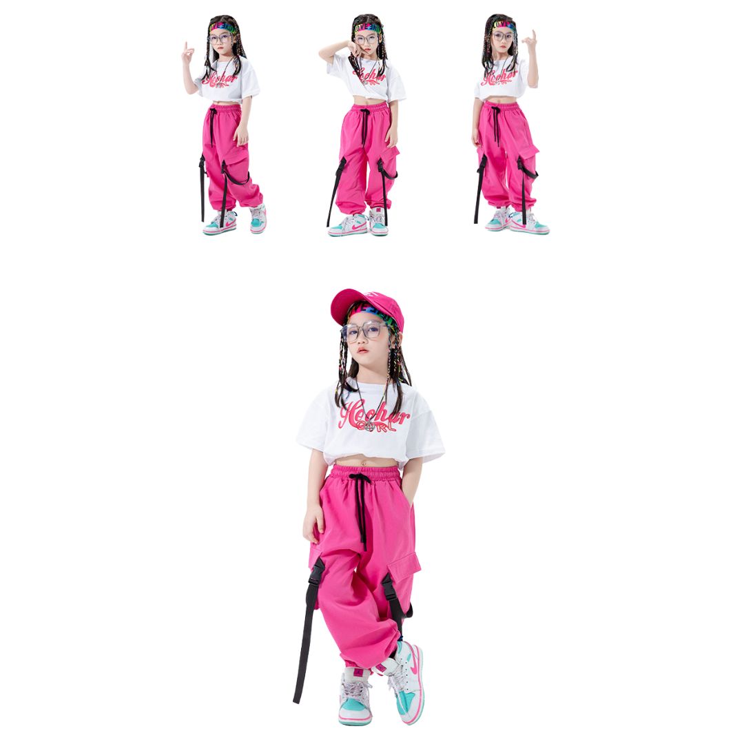 พร้อมส่ง ชุดเต้น ชุดฮิปฮอป เสื้อครอป สีชมพู หวาน