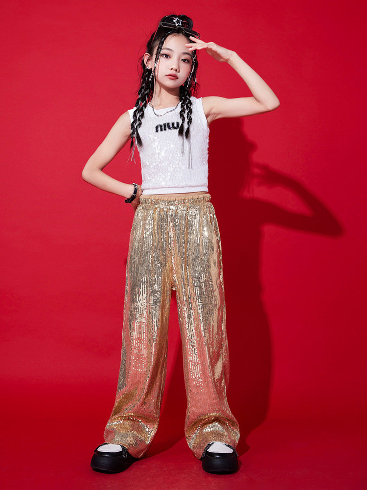 พร้อมส่ง ชุดเต้น ชุดแดนซ์ เสื้อแขนกุด+กางเกงขายาวปักเลื่อม