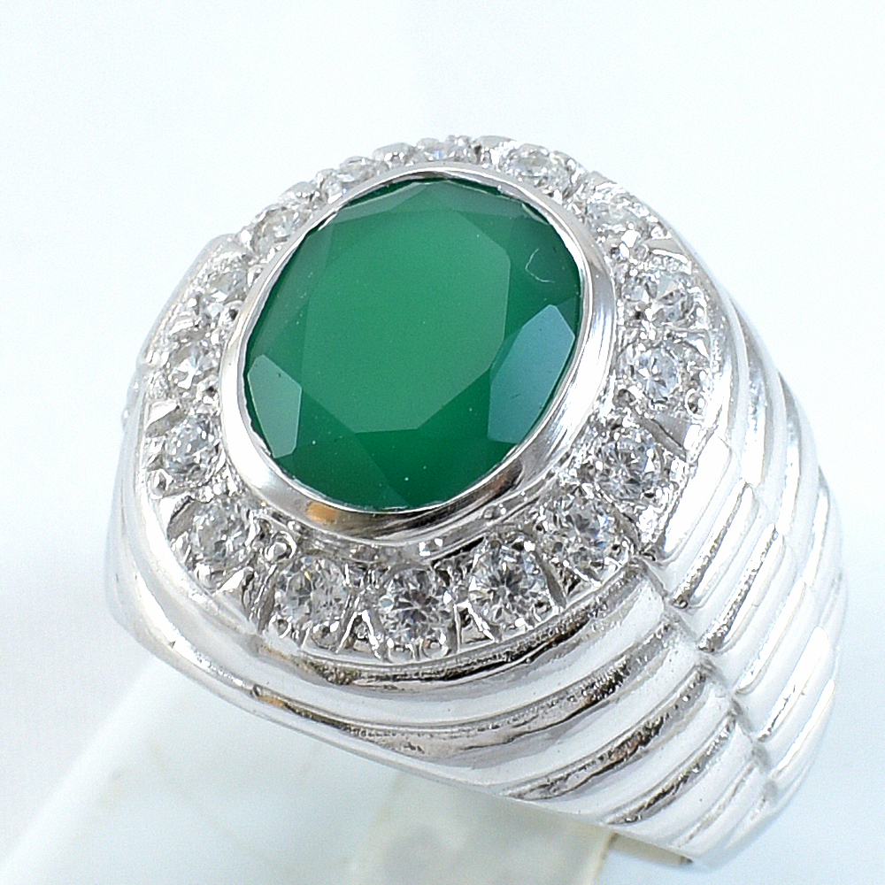 แหวนเงินแท้ราคาถูกชุบทองคำขาว พลอยแท้กรีนอะเกท 6.0 กะรัต เพชรCZ 0.64 กะรัต งานประณีตสวยงาม สั่งผลิตค่ะ