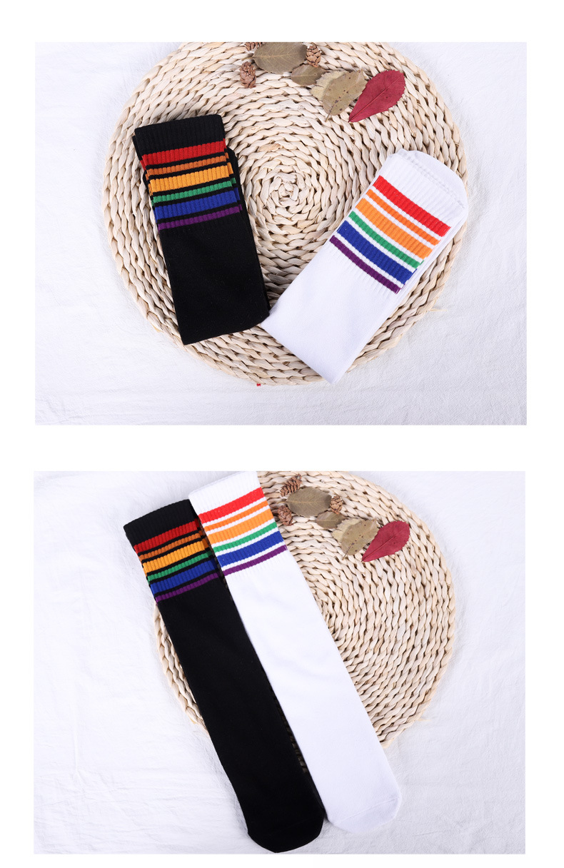 สินค้าพร้อมส่ง ถุงเท้ายาว เด็กพื้นขาวแต่งขอบสีรุ้ง