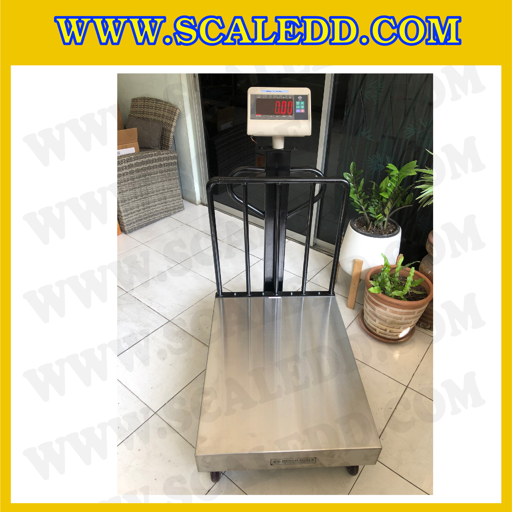 เครื่องชั่งน้ำหนักดิจิตอล IDS709E พิกัด 500kg ค่าละเอียด 0.05kg ยี่ห้อ SDS รุ่น IDS709E แท่นฝาครอบสแตนเลสขนาด 60x80cm. มีล้อเลื่อน และที่กันตก