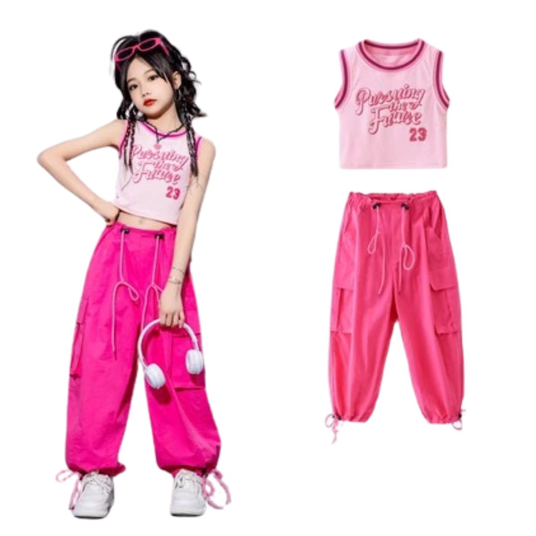 ชุดเต้น เสื้อแขนกุด+กางเกงคาร์โก้สีชมพู เอวผูก