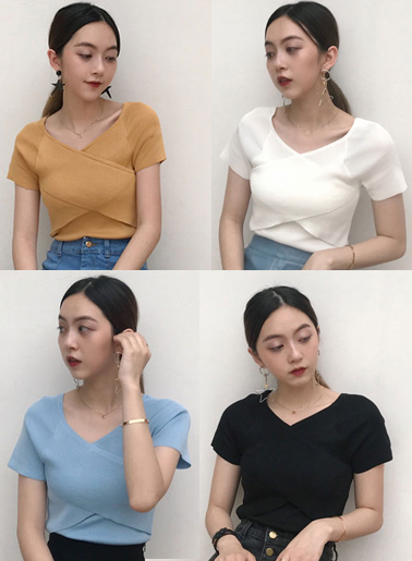 เสื้อแฟชั่นคอวี ทรงสวยหวานสไตล์เกาหลี มี 4 สี รหัส 1683