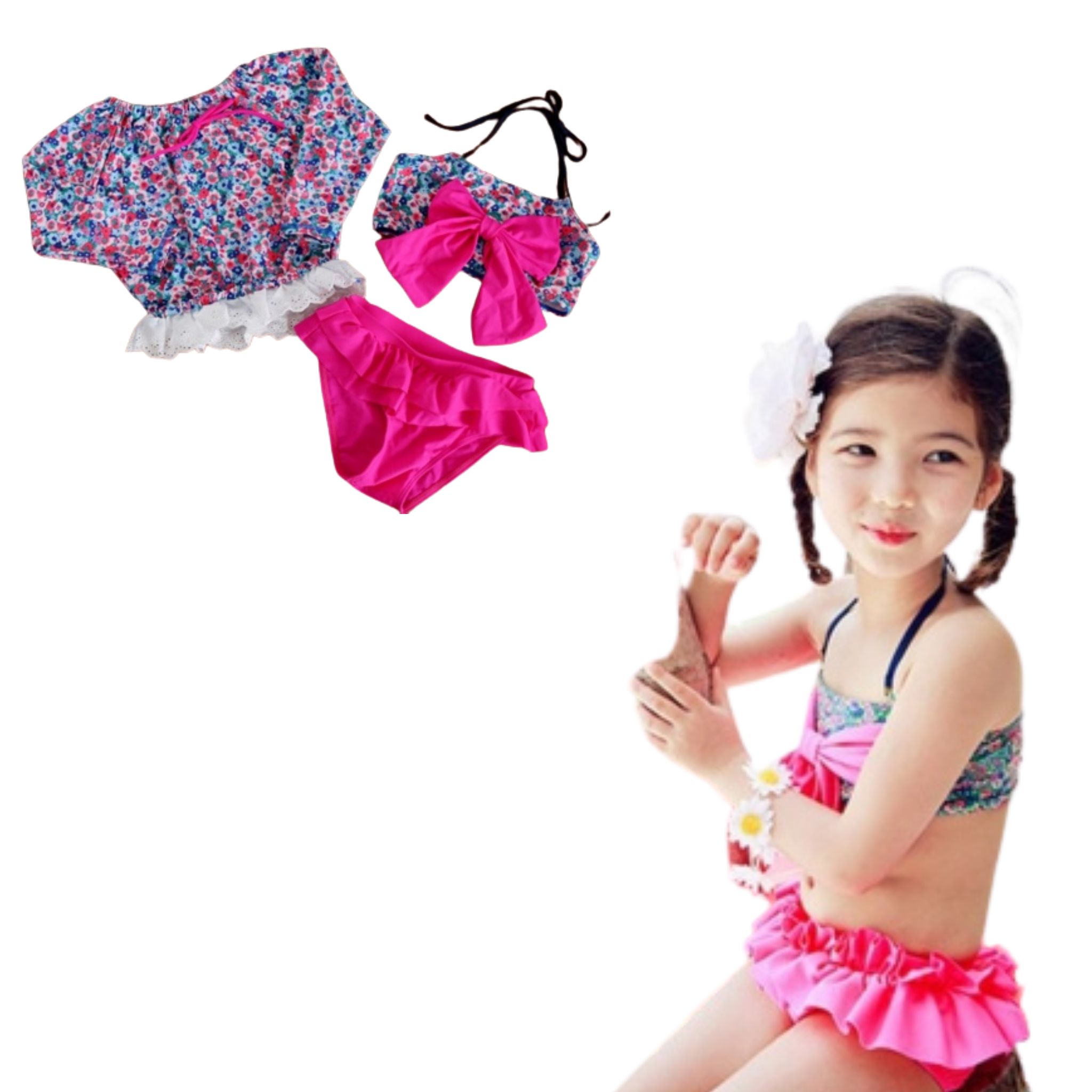 สินค้าพร้อมส่ง ชุดว่ายน้ำ เด็กหญิง เซ็ต 3 ชิ้น สไตล์ลายดอก