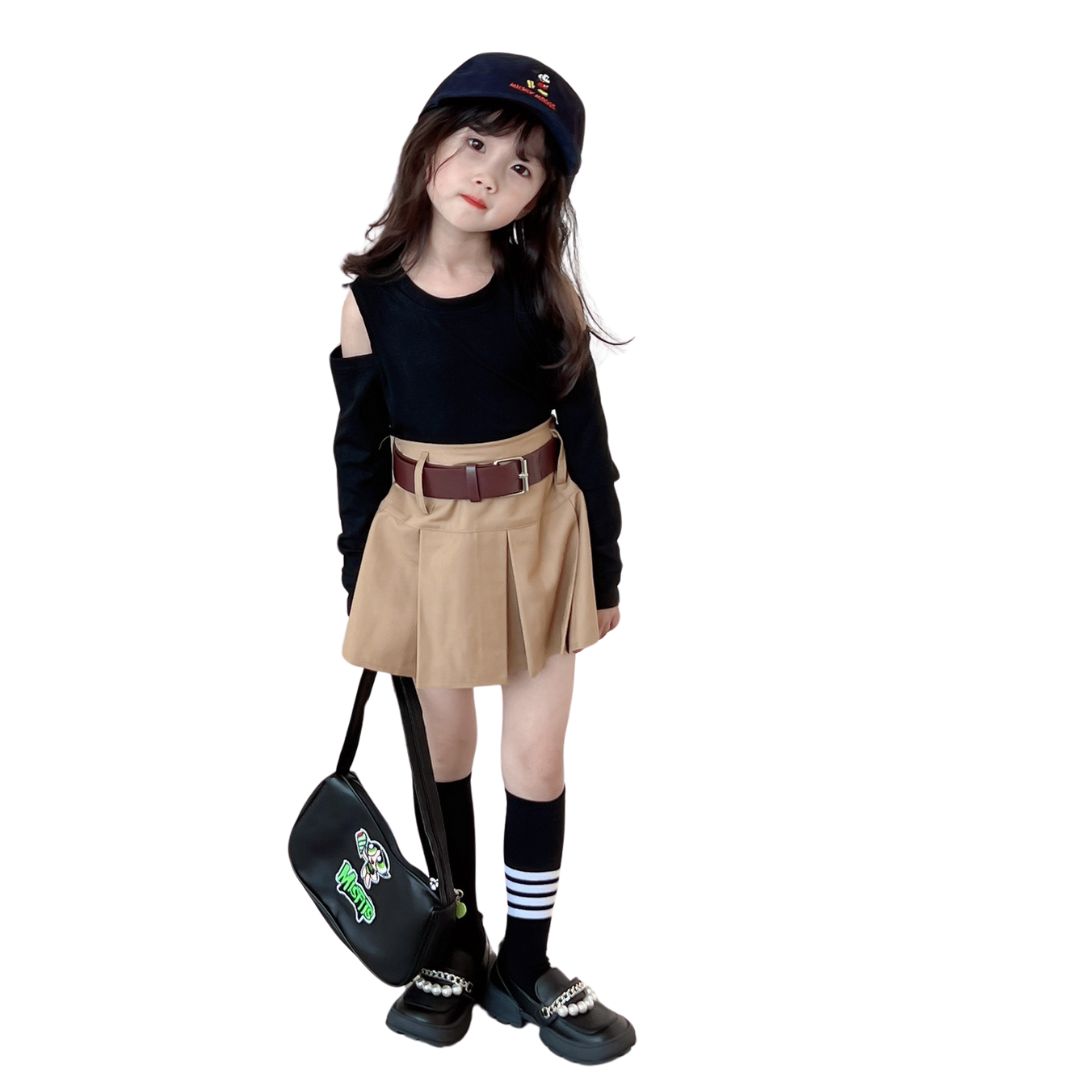 พร้อมส่ง กระโปรง เด็กผู้หญิง อัดพีชสั้นไม่รวมเข็มขัด