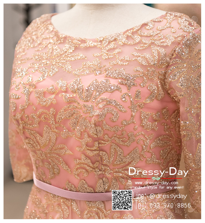 รหัส ชุดราตรีคนอ้วน :PFL074 ชุดราตรียาวคนอ้วน ผ้าลูกไม้เรียบหรู งานปักมือ สีชมพู เหมาะสำหรับงานแต่งงาน งานกลางคืน กาล่าดินเนอร์ มีแขน