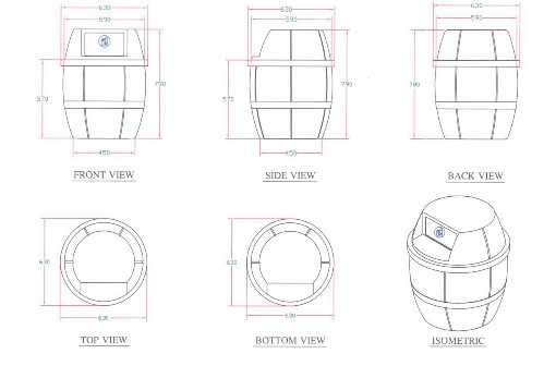 ถังขยะเนื้อโพลีเอทธิลีน ทรงถังเบียร์ ความจุ 120 ลิตร 001-TC120B Trash polyethylene Shaped like a beer keg. 120 liter. 001-TC120B