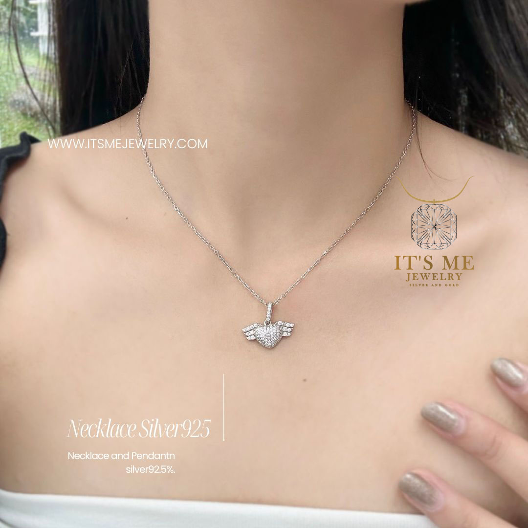 สร้อยพร้อมจี้เงินแท้92.5% หัวใจประดับเพชร cz Free size 15.5-17.5 นิ้ว (เนื้อเงินแท้)