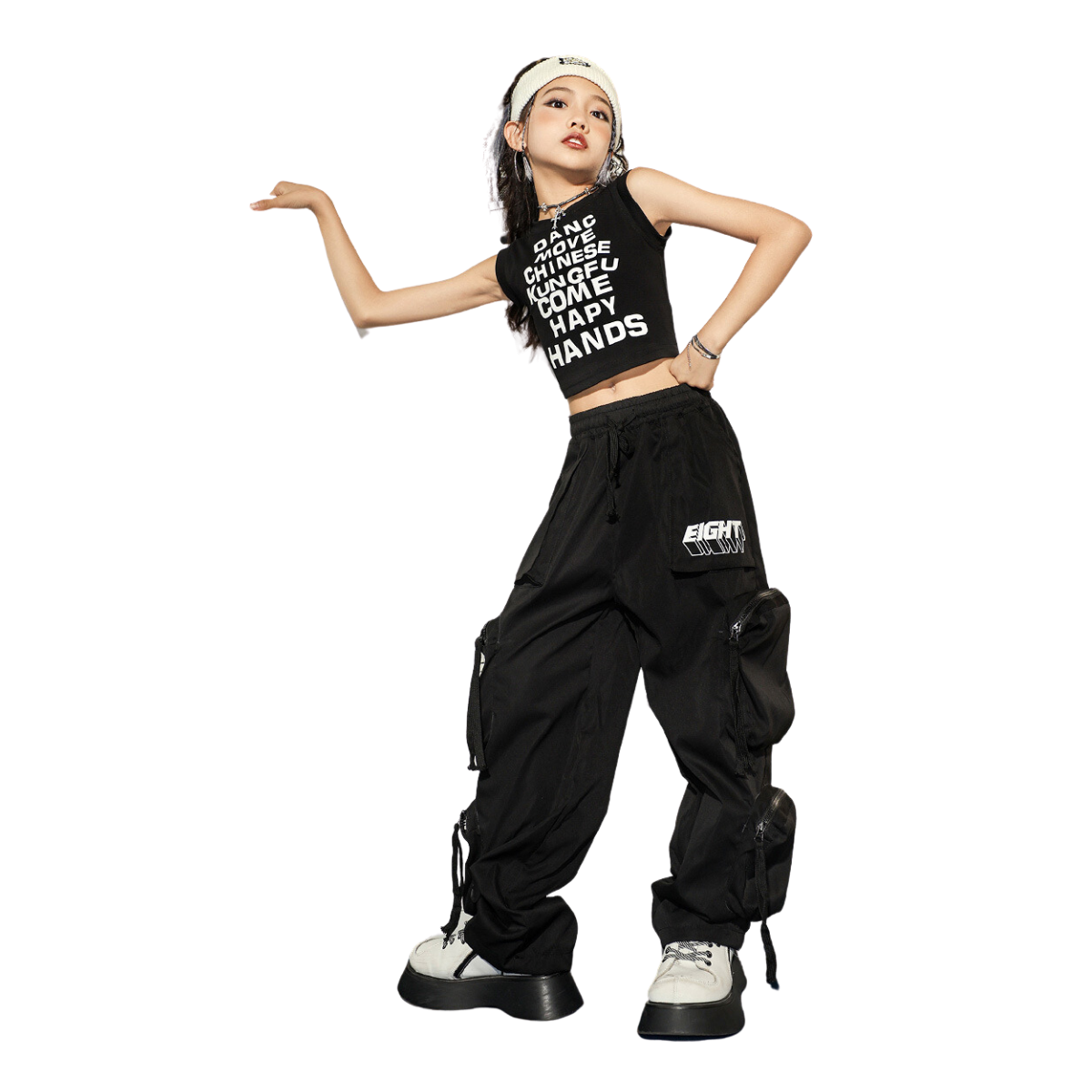 ชุดเต้น ชุดเชียร์ เสื้อเอวลอยสีขาว ดำ+กางเกงคาร์โก้