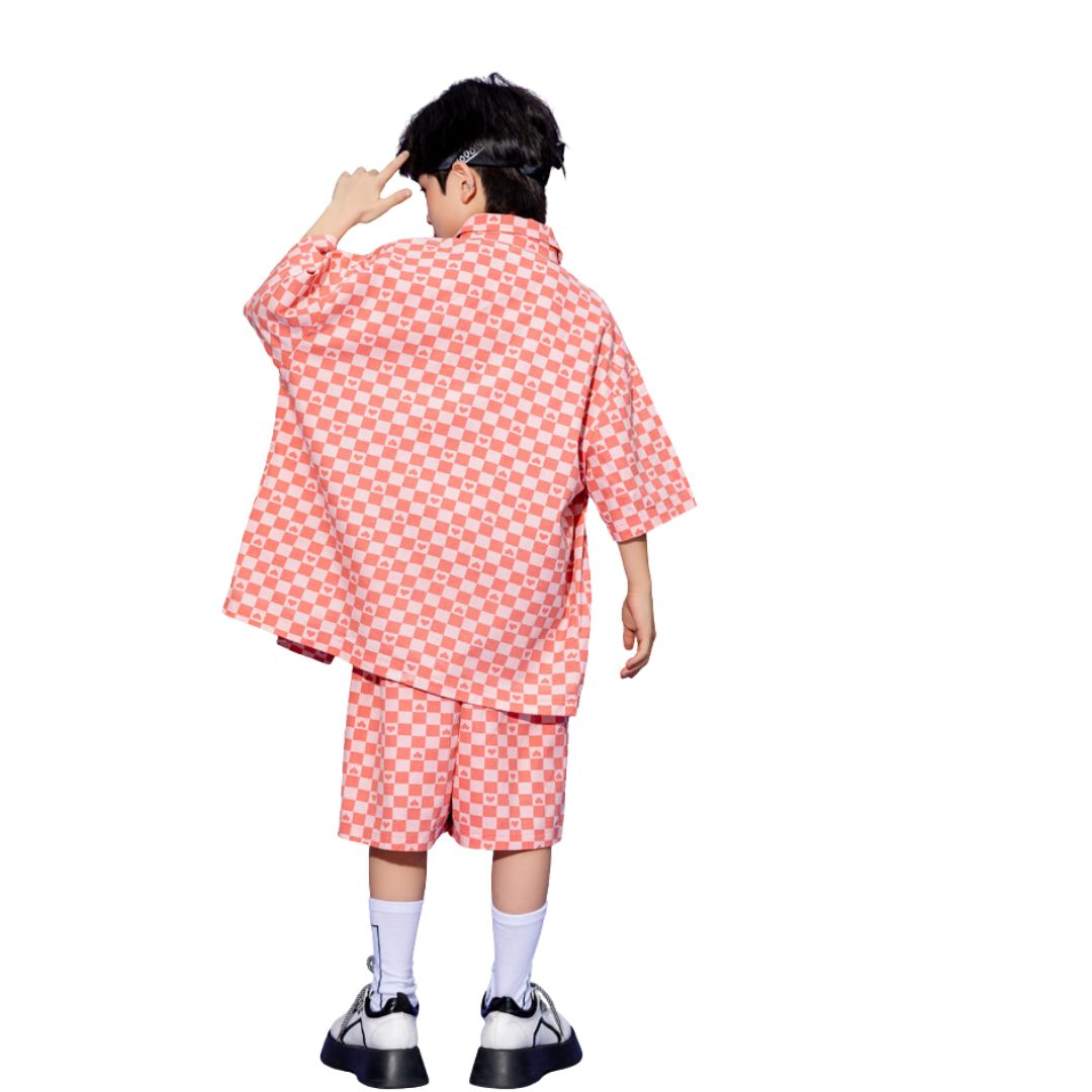 พร้อมส่ง ชุดเต้น ชาย/หญิง ลายสก๊อต ลายหมากรุก สีชมพูโอรส