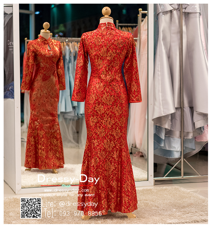 รหัส ชุดกี่เพ้ายาว : KPL042 ชุดกี่เพ้าประยุกต์ราคาถูกลายนกยูง ชุดกี่เพ้าสวยๆ สีแดงแขนยาว งานปักเลื่อมมือ สวยๆ แบบกระโปรงบาน ใส่เป็นชุดกี่เพ้าแต่งงานก็สวยคะ