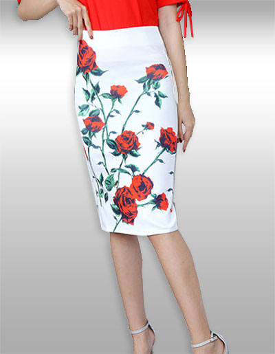 กระโปรงแฟชั่นสีขาวลายกุหลาบสวยเก๋ มี 4 ไซส รหัส2129