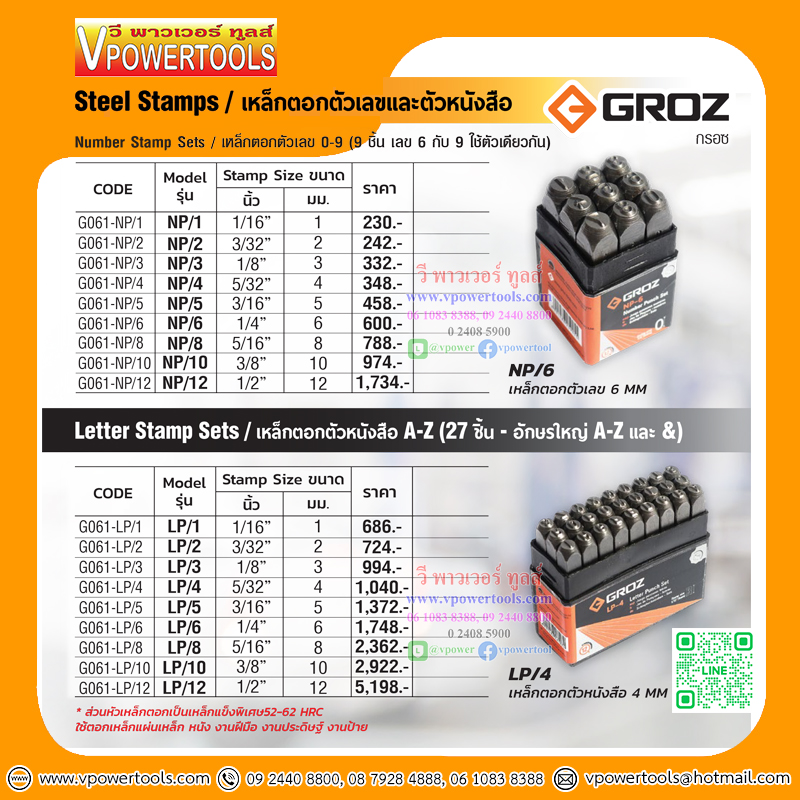 GROZ NUMBER STAMP SETS NP/5 3/16" เหล็กตอกตัวเลข 0-9 ( 9 ชิ้น เลข 6 กับ 9 ใช้ตัวเดียวกัน)