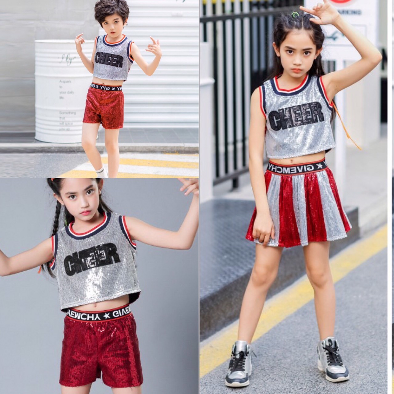 ชุดเต้น ฮิปฮอป ผู้ชาย ขาสั้น Cheer สีเลือดหมู