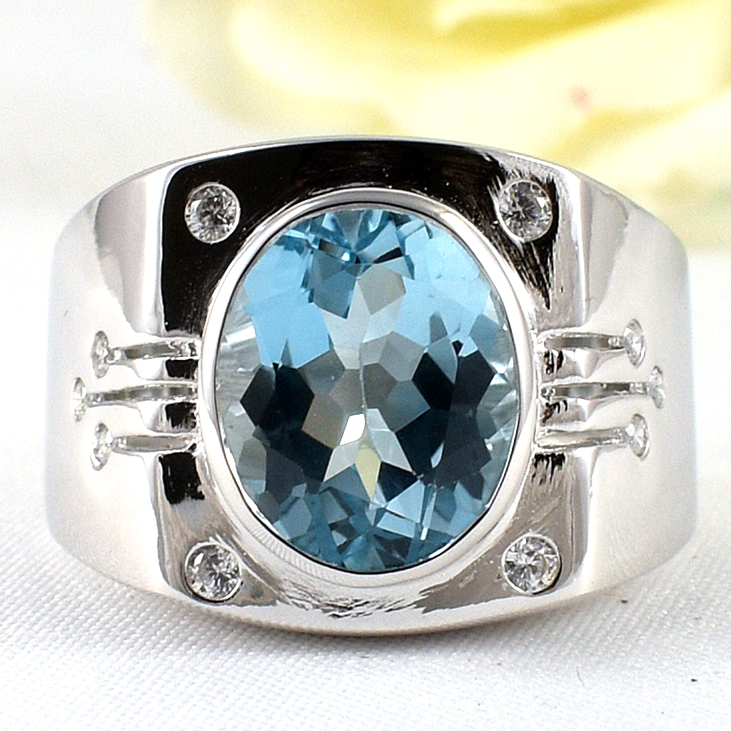 แหวนเงินแท้ราคาถูกชุบทองคำขาว สกายบลูโทปาซแท้ 6.0 กะรัต เพชรCZ 0.19 กะรัต งานประณีตสวยงาม สั่งผลิตค่ะ