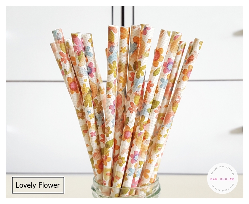 Floral Pattern Paper Straws หลอดกระดาษ ใช้สำหรับดื่มน้ำ