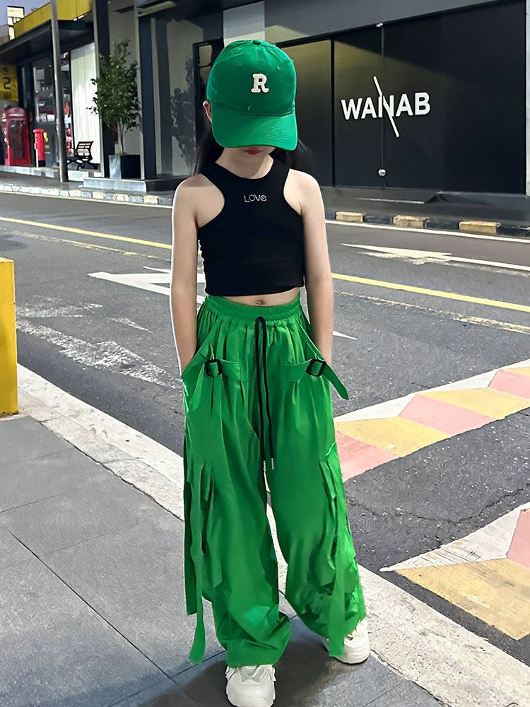 พร้อมส่ง กางเกงเด็ก คาร์โก้ สไตล์ Y2K ขากระบอกสีพื้น