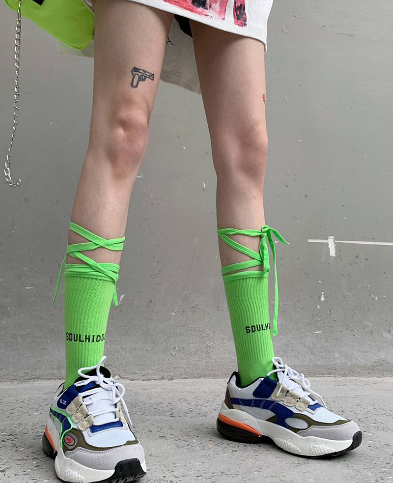 พร้อมส่ง ถุงเท้า เด็ก-ผู้ใหญ่ แบบยาว มีสายไขว้ ผูกข้อขา สีพื้น