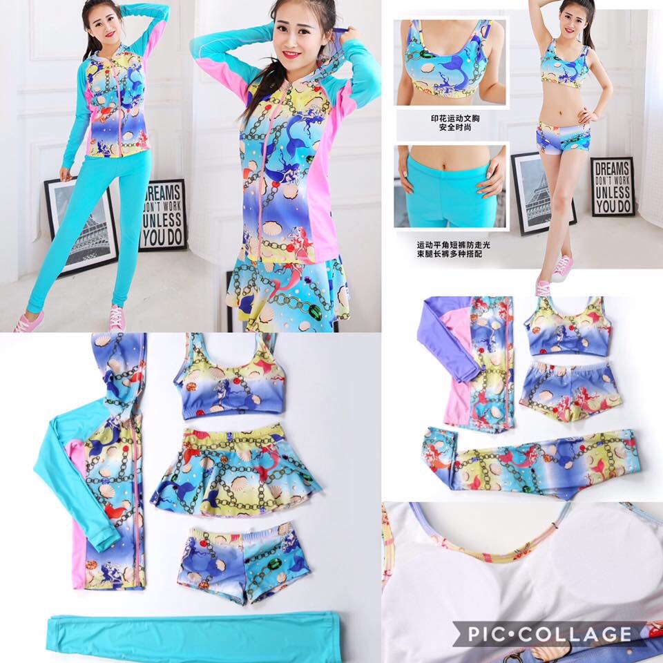 พร้อมส่ง ชุดว่ายน้ำ ผู้ใหญ่ เซ็ต4ชิ้น สีฟ้า สุดคุ้ม สามารถใส่แยกชิ้นได้