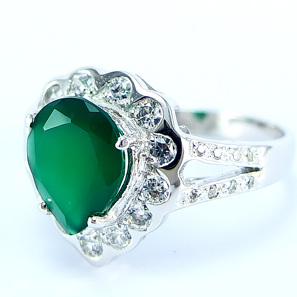 แหวนเงินแท้ราคาถูกชุบทองคำขาว พลอยแท้กรีนอะเกท 2.10 กะรัต เพชรCZ 0.437 กะรัต งานประณีตสวยงาม สั่งผลิตค่ะ