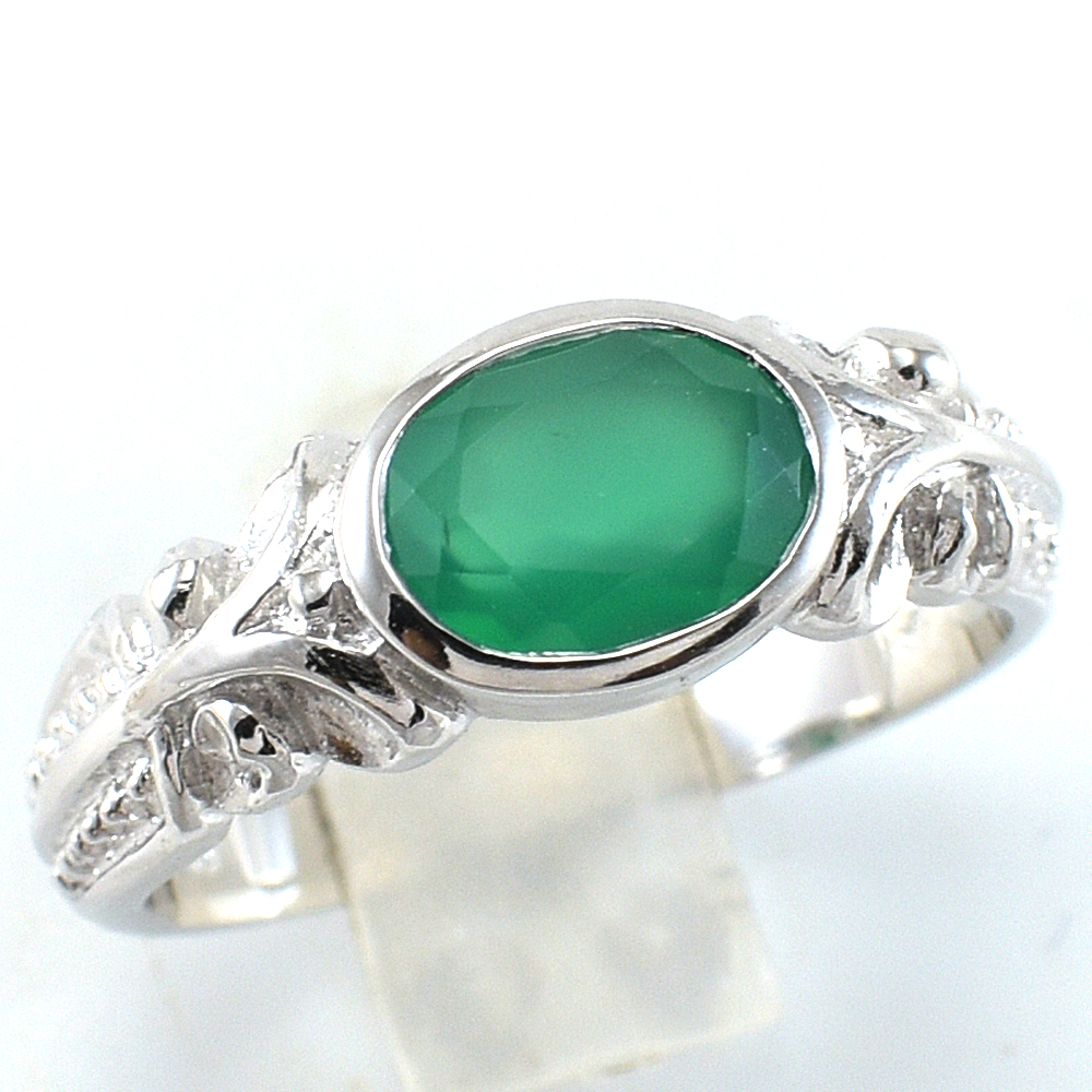 แหวนเงินแท้ราคาถูกชุบทองคำขาว พลอยแท้กรีนอะเกท 1.60 กะรัต งานประณีตสวยงาม สั่งผลิตค่ะ