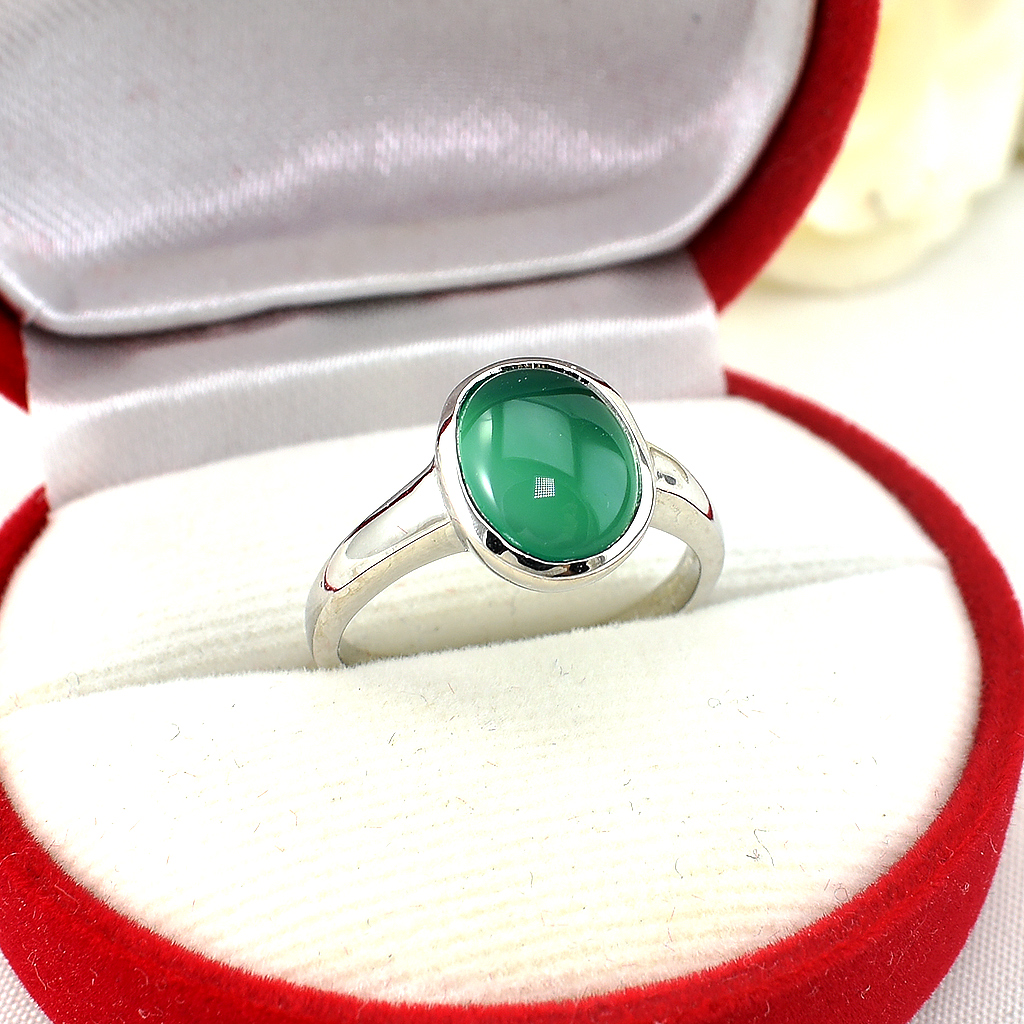 แหวนเงินแท้ราคาถูกชุบทองคำขาว พลอยแท้กรีนอะเกท 3.55 กะรัต งานประณีตสวยงาม สั่งผลิตค่ะ