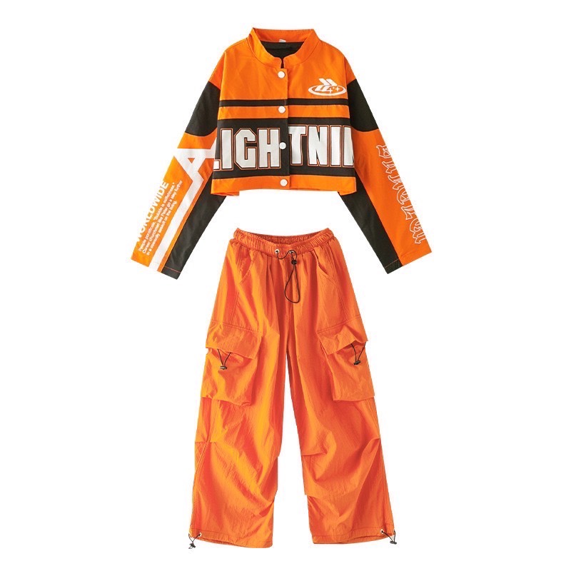 ชุดเต้น ฮิปฮอป เซ็ท เสื้อคลุมแจ๊คเก็ตLIGH TNIK+กางเกง สีส้ม**สินค้าเปิดจอง